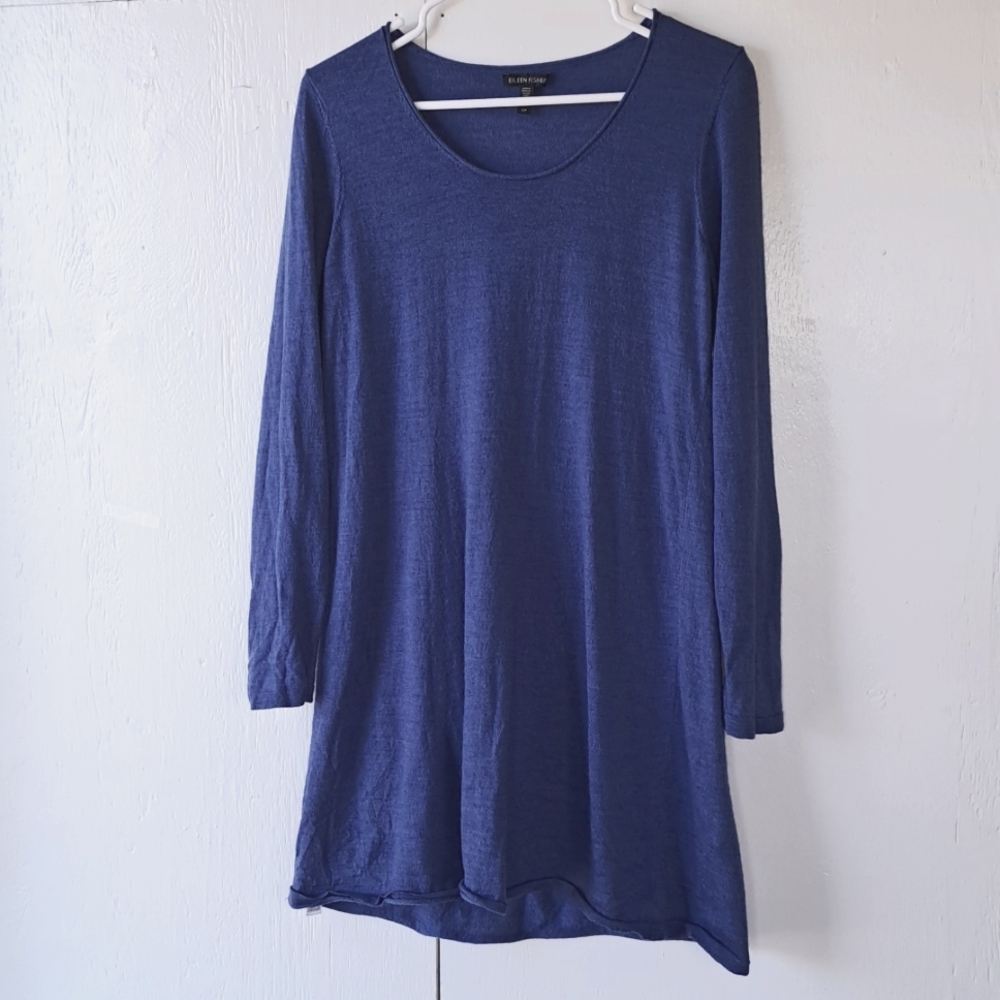 Eileen Fisher 100% Merino Wool Knit Pullover Blue Shift Midi Dress SZ S/P